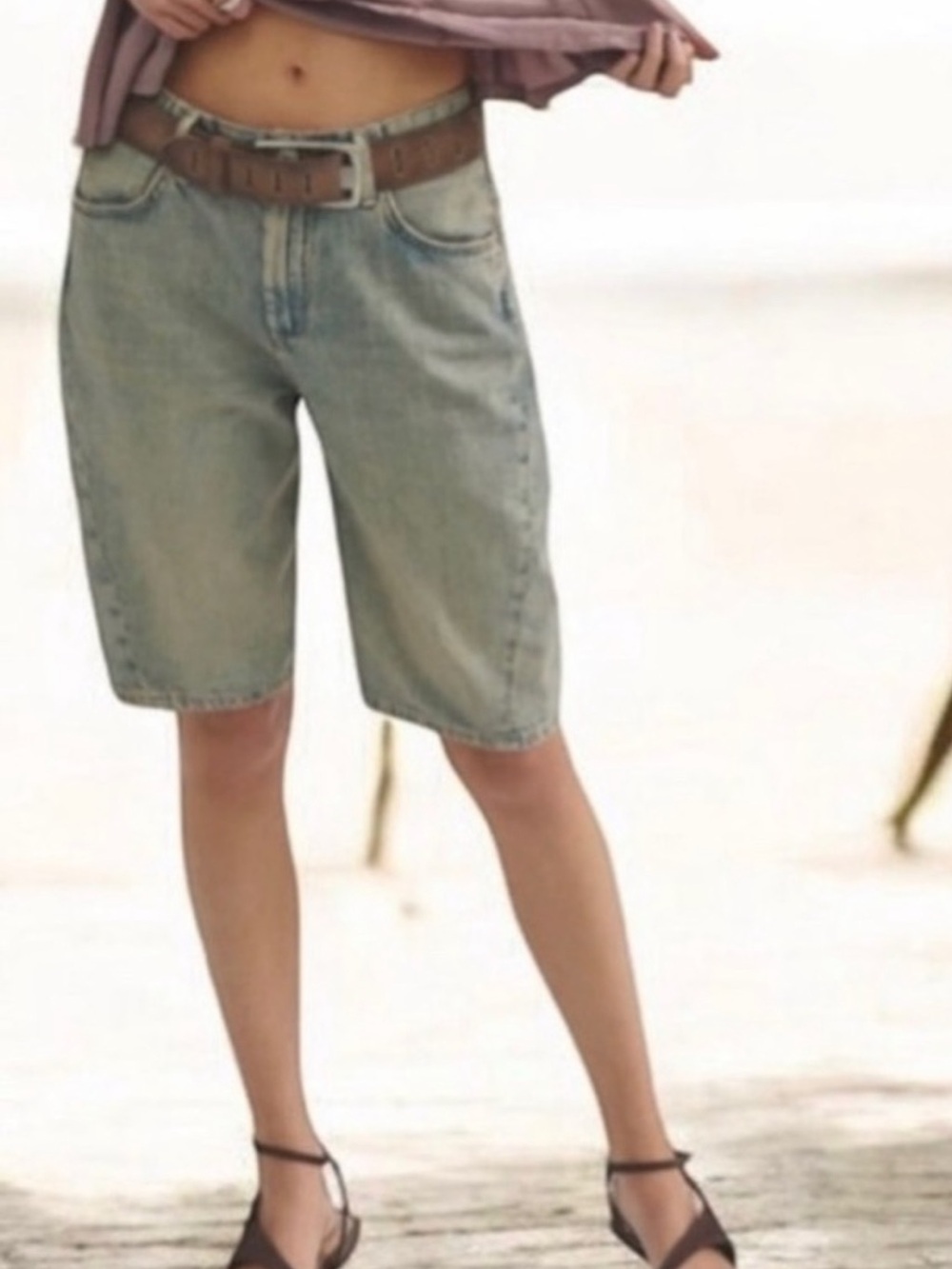 FREE PEOPLE BECK DISTRESSED ANGLED DENIM LONG SHORTS SIZE 28